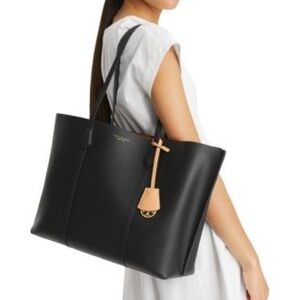 Tory Burch Black Perry Leather Tote with Tan Accent